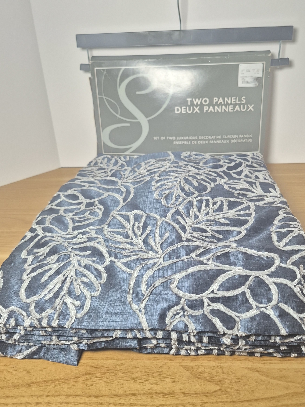 ​Embroidered Softline Blue Silver Leaf Curtain Panels 2Pc 54x96 Rod Pocket